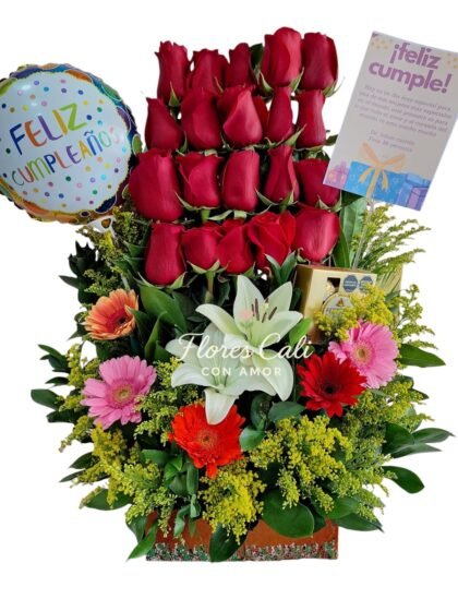 Arreglo de Cumpleaños con Rosas, Lirios y Gerberas 05