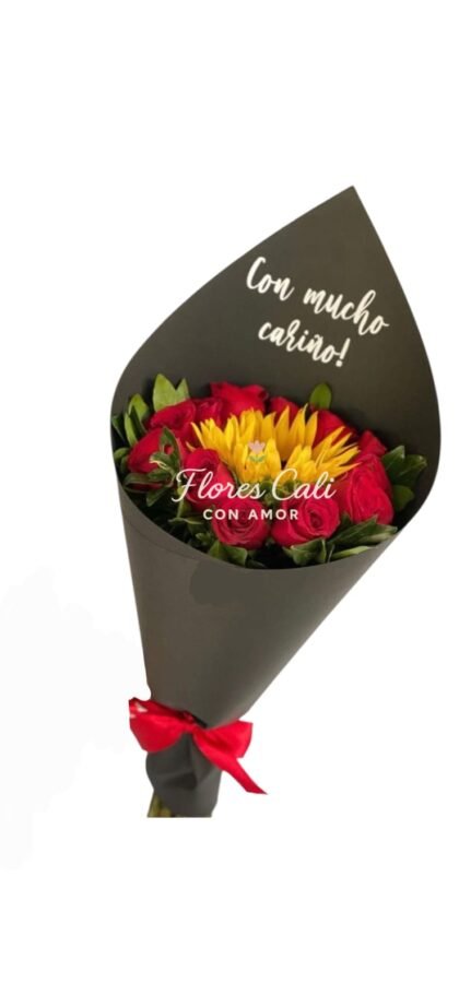 Cono de Girasoles y Rosas Rojas 06