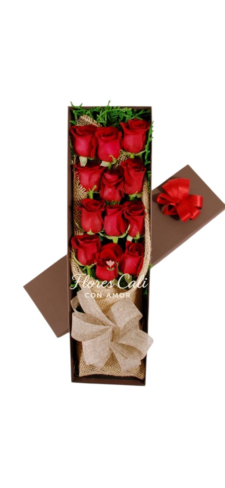 Caja de Rosas Rojas con Moño Rústico 12