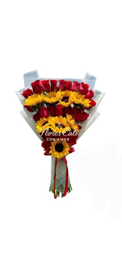 Bouquet en escala de Girasoles y Rosas Rojas 11