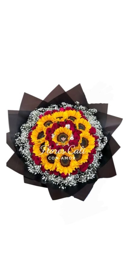 Buchón de girasoles y rosas rojas 13
