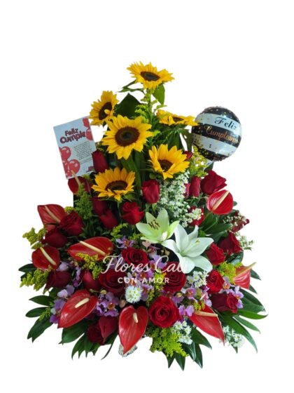 Arreglo Floral de Cumpleaños con Girasoles, Rosas y Lirios  01