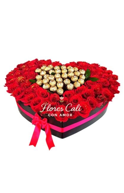 Caja en Forma de Corazón con Rosas y Chocolates Ferrero 26