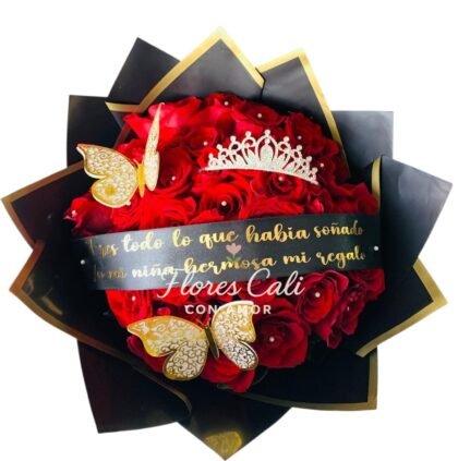 Bouquet de Rosas Rojas con Corona, Mariposas 34
