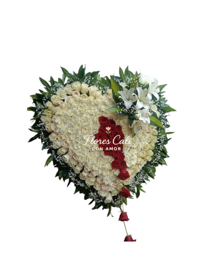Corazón Fúnebre Tapizado de Rosas y Lirios Blancos 13