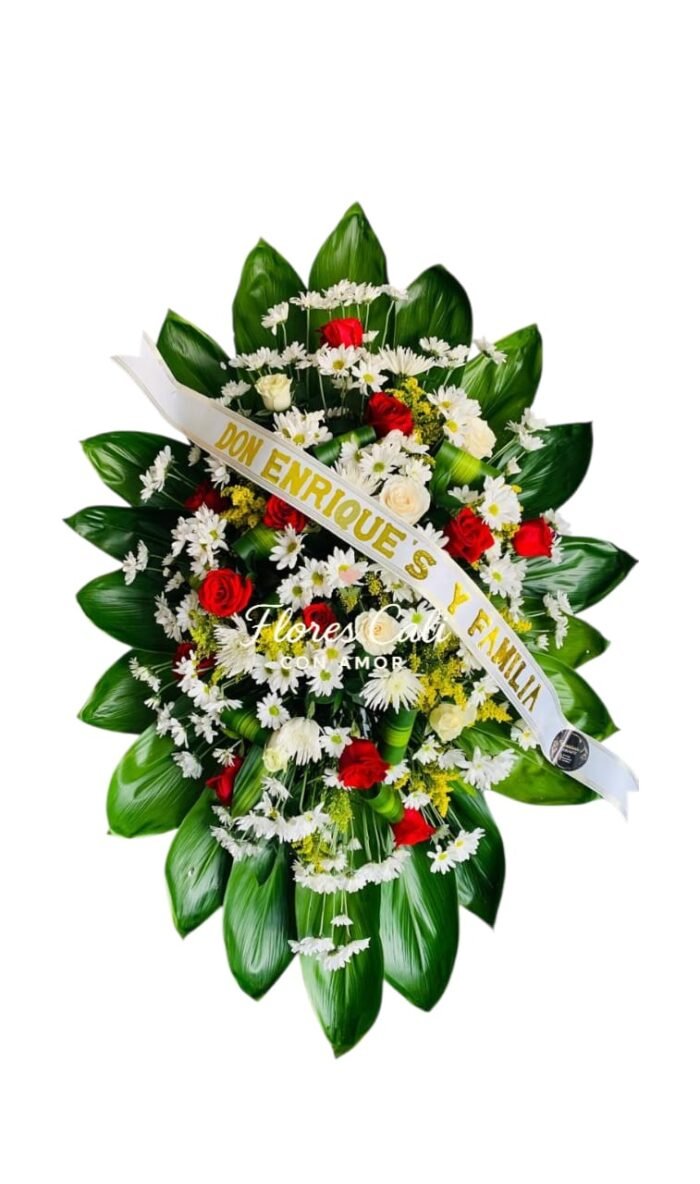 Arreglo fúnebre con rosas rojas y margaritas blancas 21
