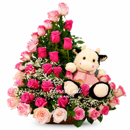 Arreglo floral de rosas rosadas y fucsias 20