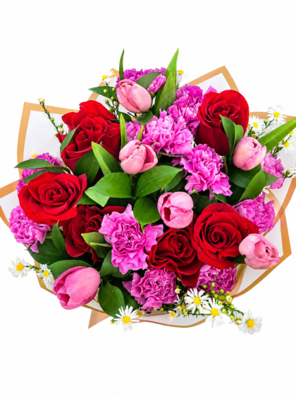 Bouquet de Rosas Rojas, Tulipanes Rosados 43