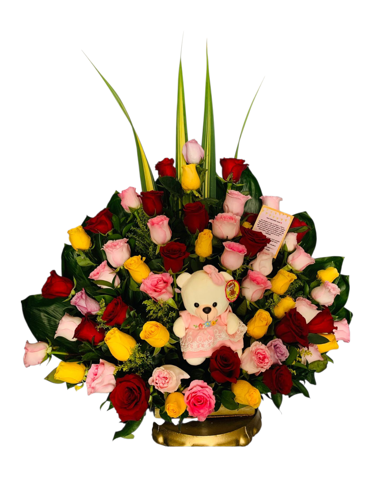 Arreglo de Rosas Multicolor con Oso de Peluche 44