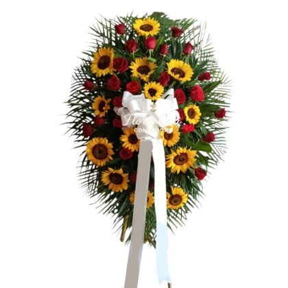 Corona fúnebre con girasoles y rosas rojas 05