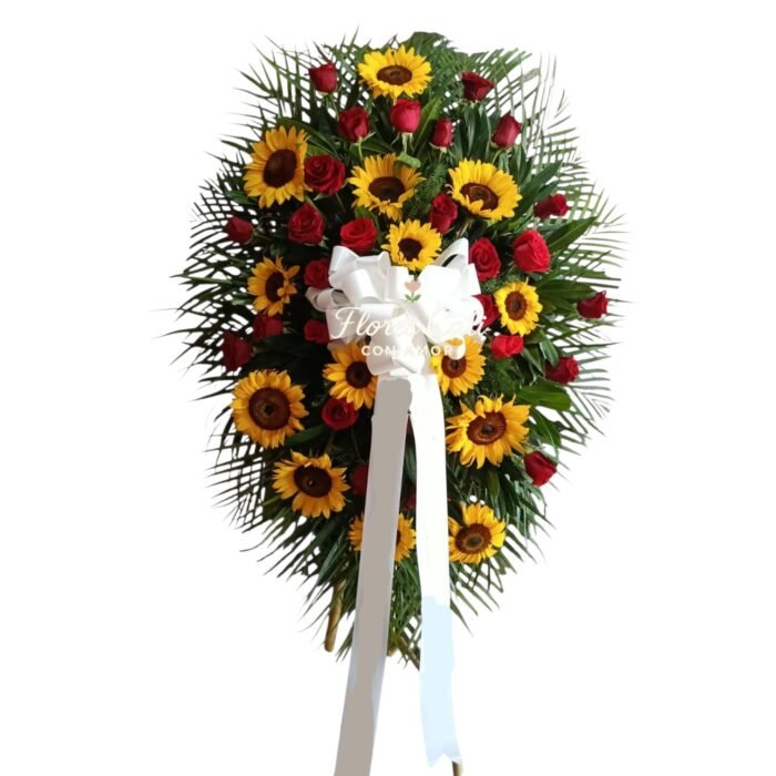 Corona fúnebre con girasoles y rosas rojas 05